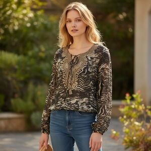 Cache Sheer Pullover Blouse Size M Beaded Animal Long Sleeves Elastic at Hem